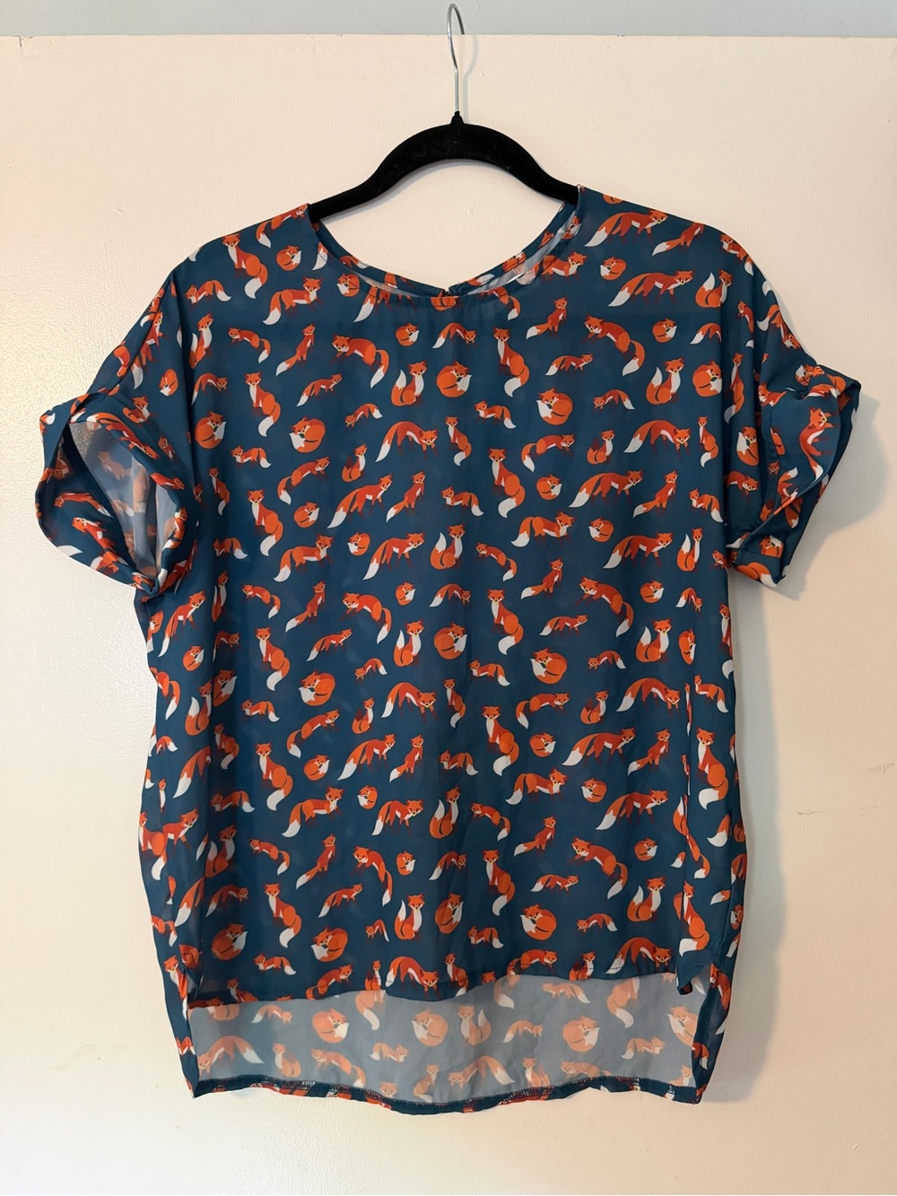 L.A. Soul Navy Fox Print Short Sleeve Blouse, Size M
